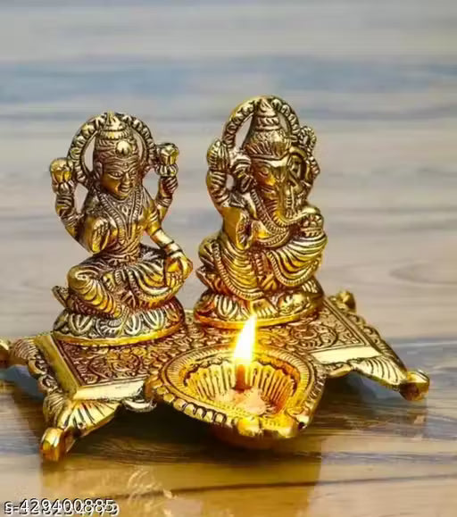 Lakshmi Ganesha with Diya Statue Idol Murti in Metal Decorative Showpiece - 15 cm (Metal, Gold)