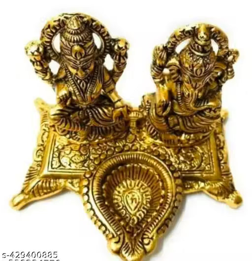 Lakshmi Ganesha with Diya Statue Idol Murti in Metal Decorative Showpiece - 15 cm (Metal, Gold)