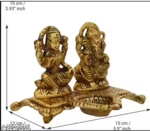 Lakshmi Ganesha with Diya Statue Idol Murti in Metal Decorative Showpiece - 15 cm (Metal, Gold)